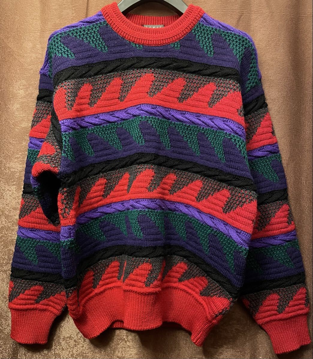 90s DEMAIN CLAIR 3Dウールセーター マルチカラー Lサイズ ドゥマンクレール 3Dニット クルーネックセーター セーター ニット ナイガイ拍卖