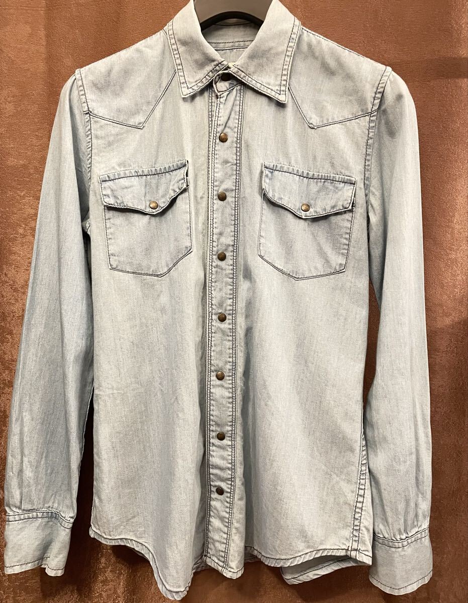 MADE IN ITALY製 MELVILLE 長袖デニムウエスタンシャツ ライトインディゴ Sサイズ メルビル イタリア製 デニムシャツ ウエスタンシャツ拍卖