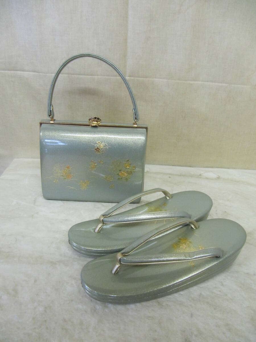 和装★エナメル★草履&バックセット★薄グリーン&金模様★中古品拍卖