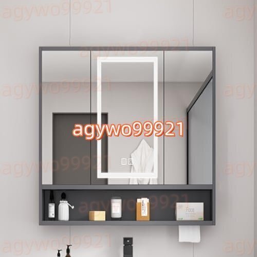 鏡とLEDライト付きのバスルームキャビネット 壁掛け 曇り止めミラー付きバスルームミラーキャビネット ライトと棚のの鏡 洗面所 90cm拍卖