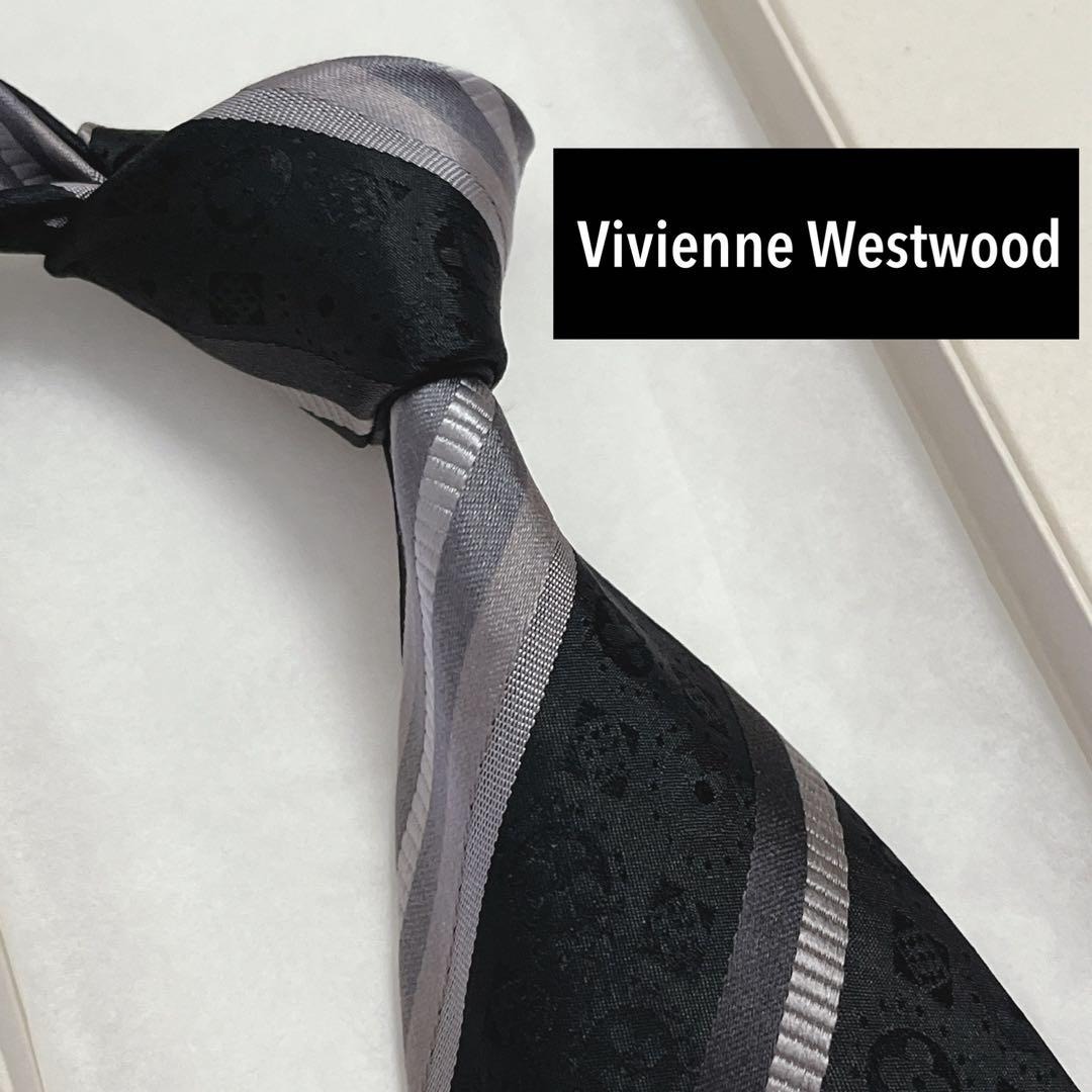 美品 ヴィヴィアンウエストウッド ネクタイ シルク モノグラム オーブ ブラック拍卖