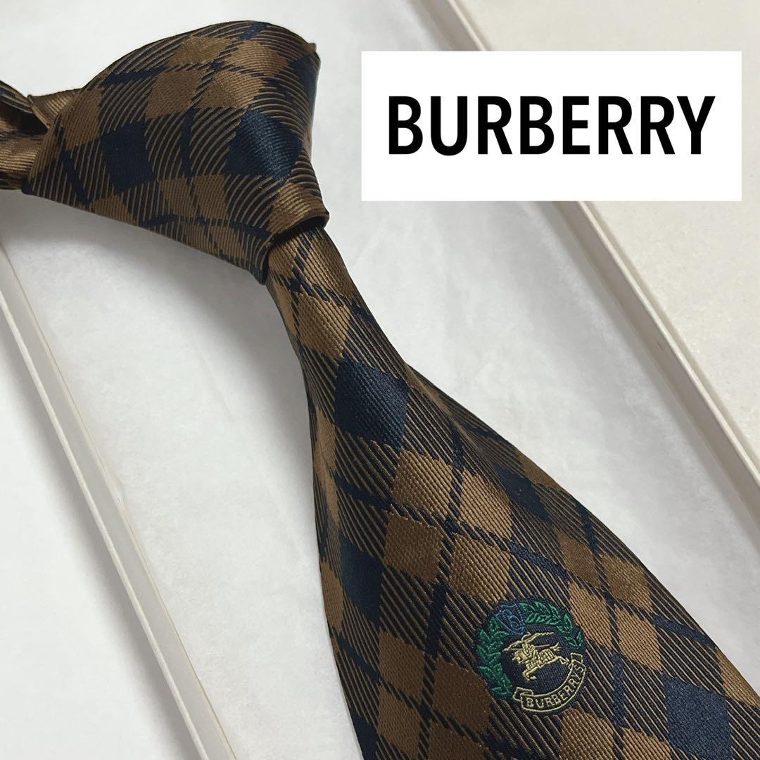 美品 バーバリー ネクタイ シルク チェック柄 ホースマーク ロゴ刺繍 ブラウン拍卖
