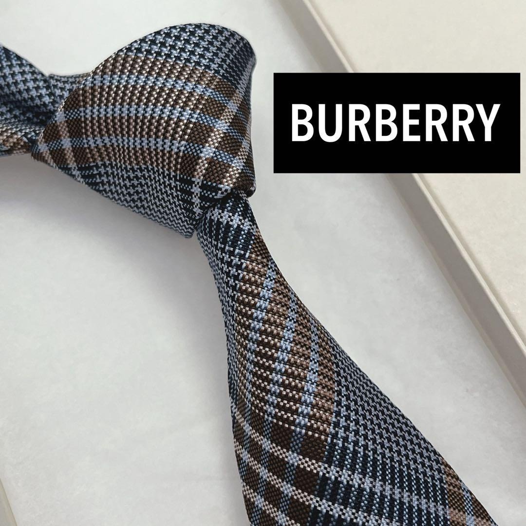 極美品 バーバリー ネクタイ シルク ブロックチェック パターン ネイビー拍卖