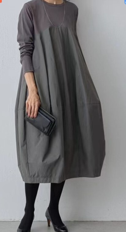 異素材使いがおしゃれなロング丈ワンピスカートぷっくり★新品★大きいサイズ★グレーのロング丈ワンピ拍卖