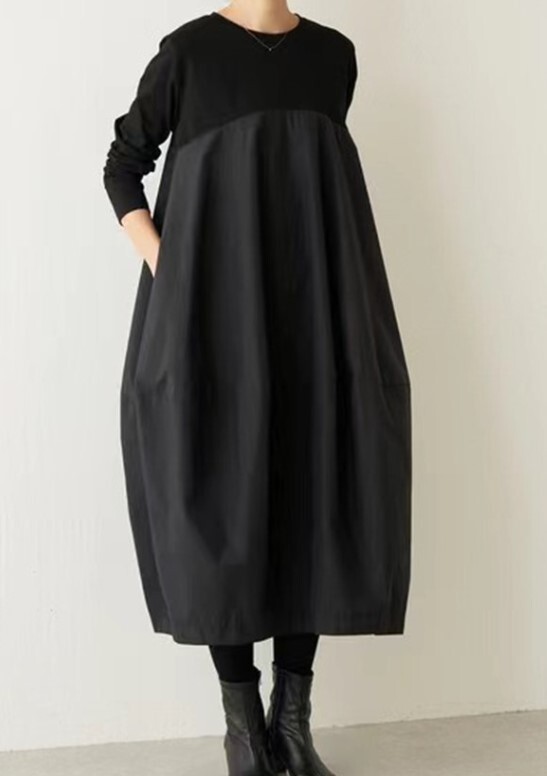 異素材使いがおしゃれなロング丈ワンピスカートぷっくり★新品★大きいサイズ★黒のロング丈ワンピ拍卖