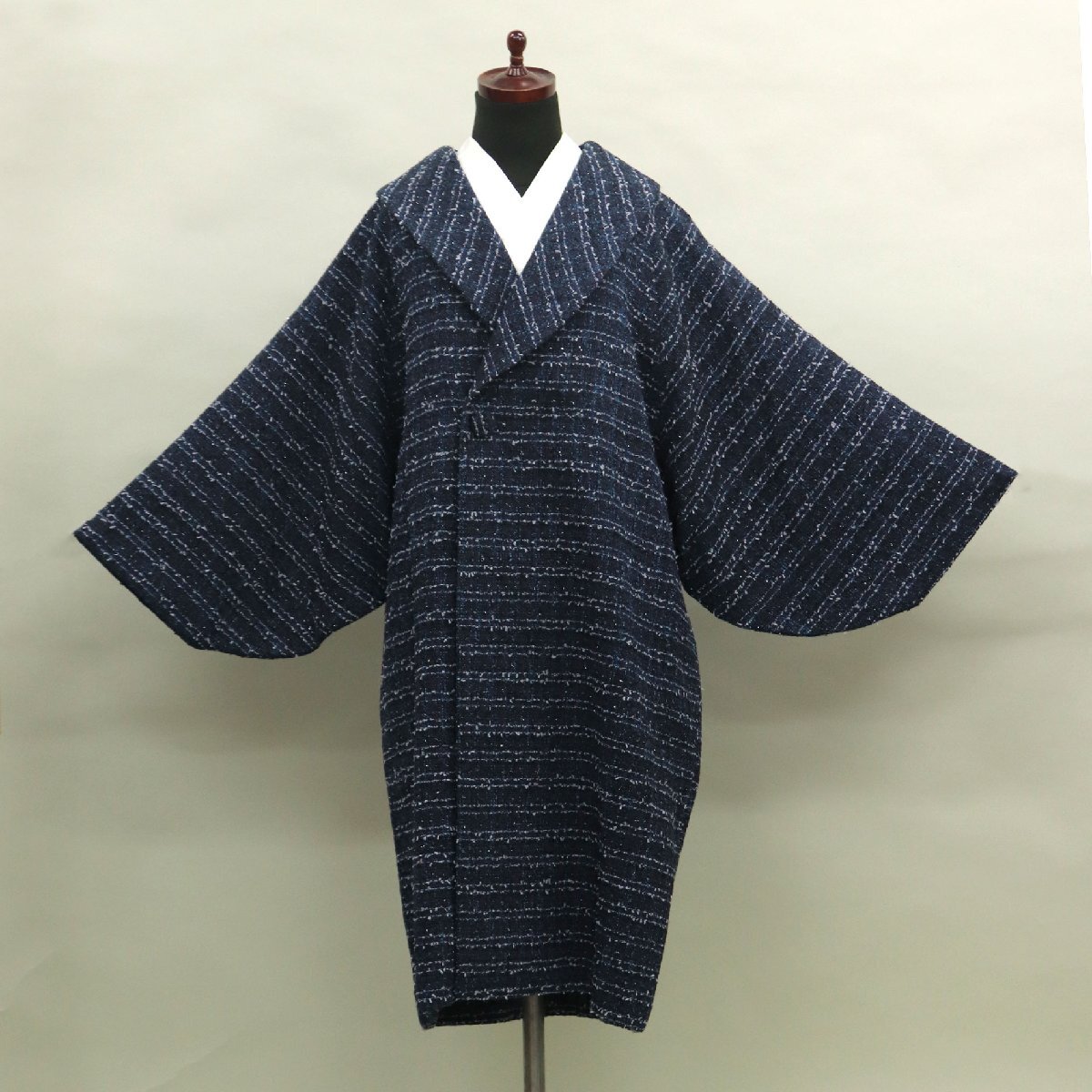 和遊館 即決eha3332 日本製 リボンファンシーツイード へちま衿 和装用 ロングコート 紺色系拍卖