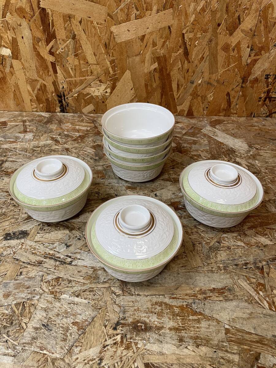 C(7583) 高麗渕 煮物茶碗 グリン花堀 うぐいす色 小鉢 7個 フタ3個拍卖