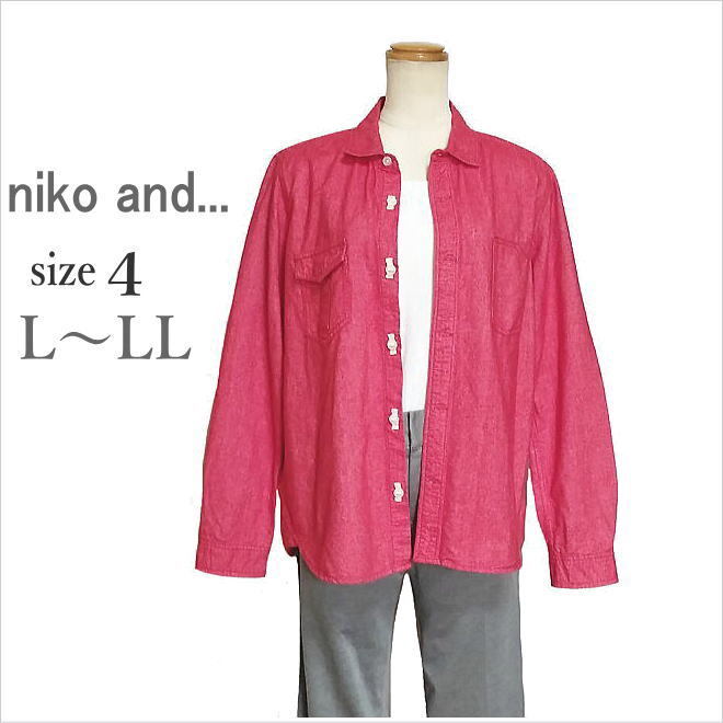 〔niko and…〕赤ネル風コットンシャツ ニコアンド 長袖 羽織り ワンポイント刺繍入り トップス 4 L~LL位 ☆送料込み拍卖