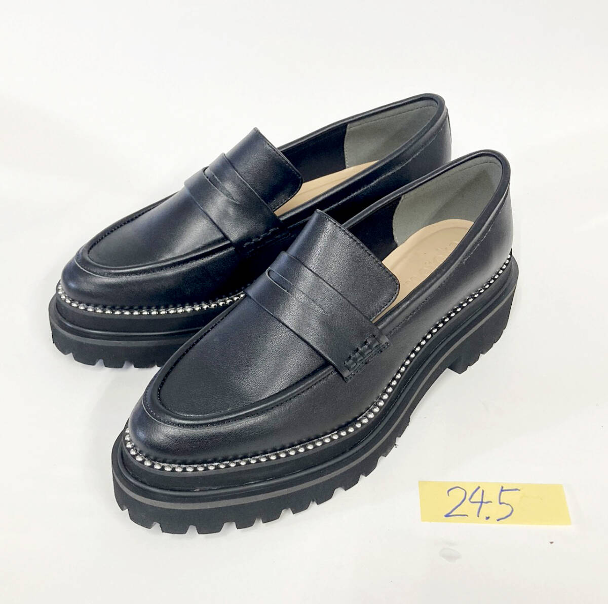 未使用/EVOL metoka(エヴォル メトカ)厚底ローファー/24.5cm/ブラック/タンクソール/スタッズデザイン拍卖