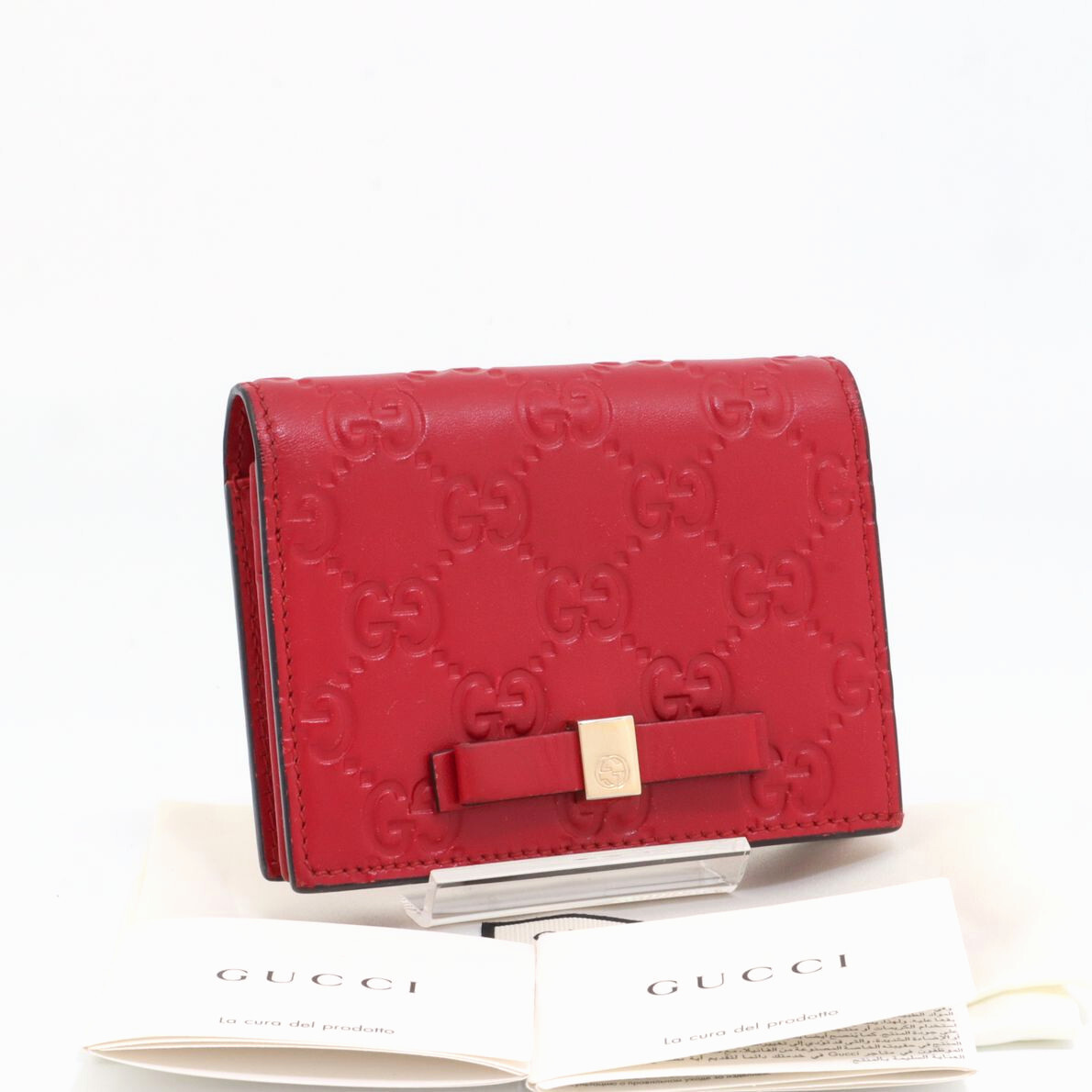 グッチ GUCCI グッチシマ カードケース 名刺入れ 財布 札入れ コンパクトウォレット GG型 マチ有 リボン レッド レディース レザー 406924拍卖