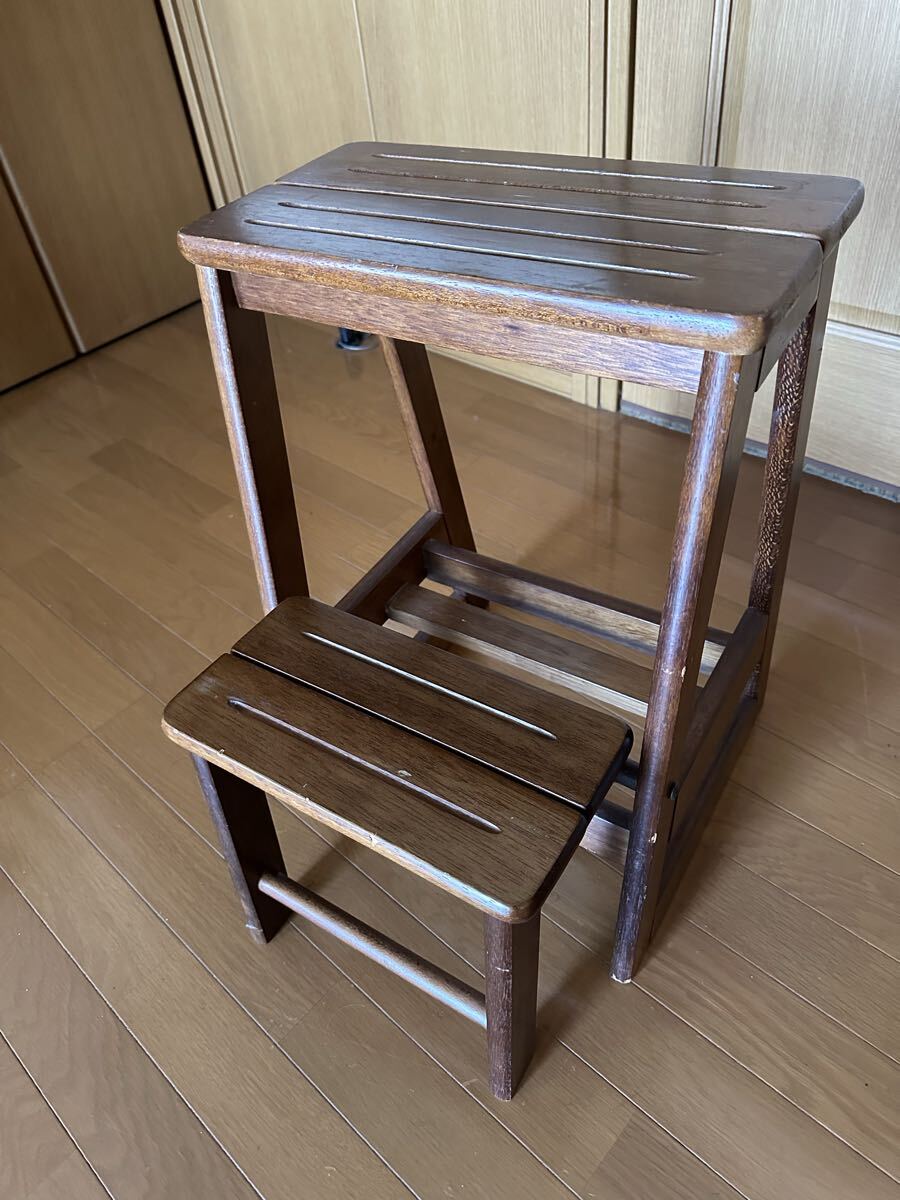 木製・踏み台昭和レトロウォールナット色 木製ステップ台2段 アンティーク拍卖