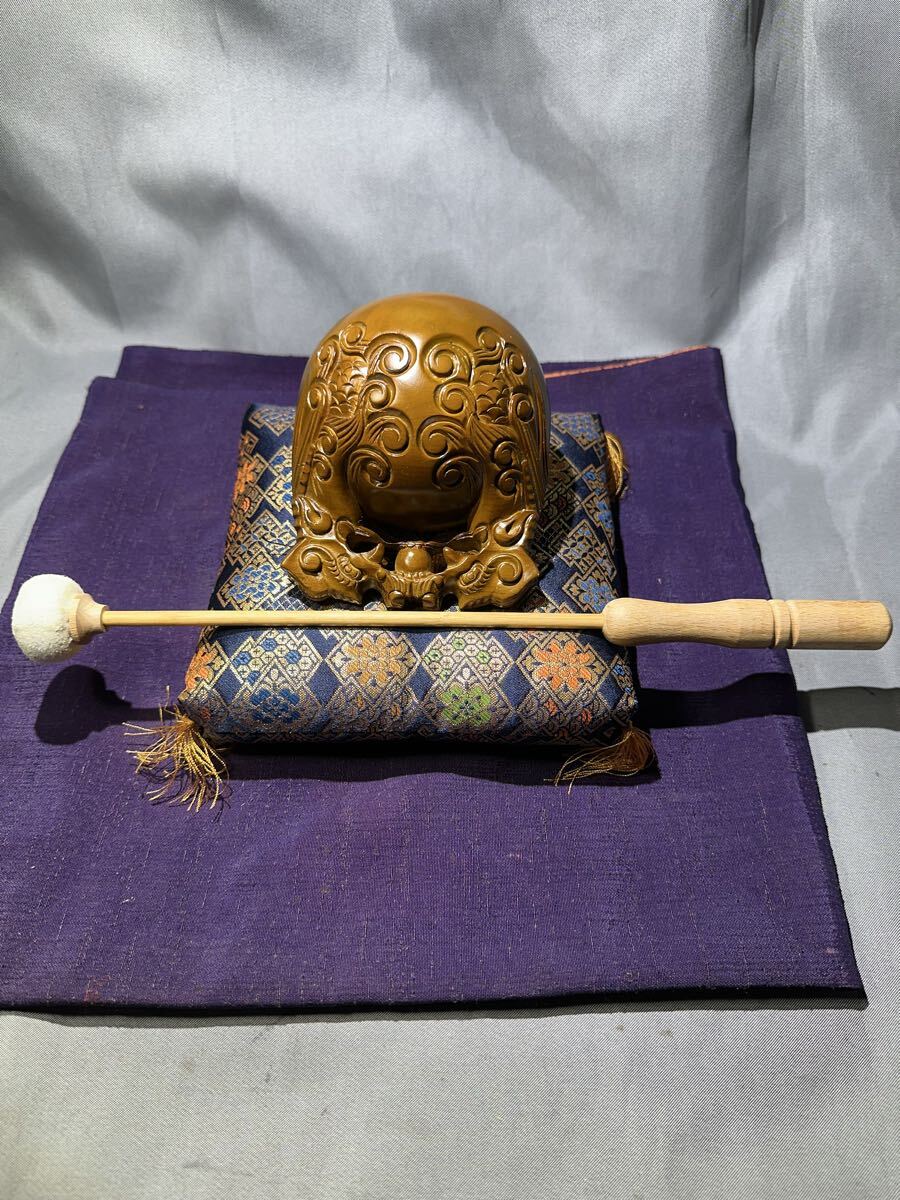 仏具 木魚 バチ 座布団 3点セット 未使用品近い 龍の 彫刻拍卖