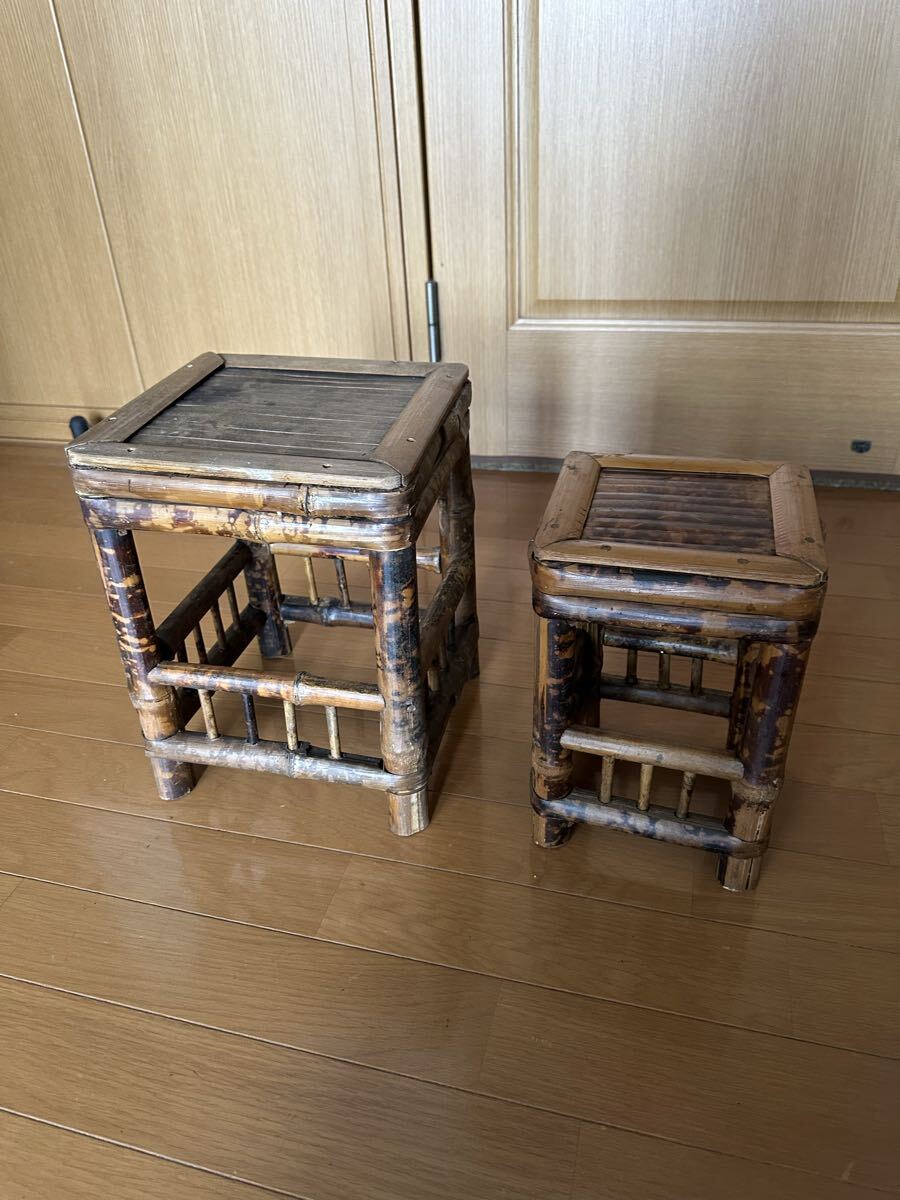 ヴィンテージロー竹スツール2個セット、四角い竹足 竹植物ホルダー 椅子 飾り台 花台拍卖