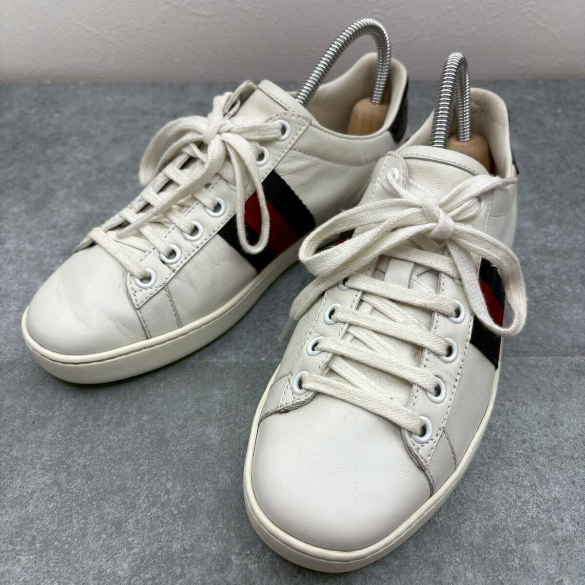 【大人気品/美品】グッチ GUCCI スニーカー エース シェリーライン エンブロイダリー ローカット レディース レザー 本革 白 34 1/2 21.5cm拍卖