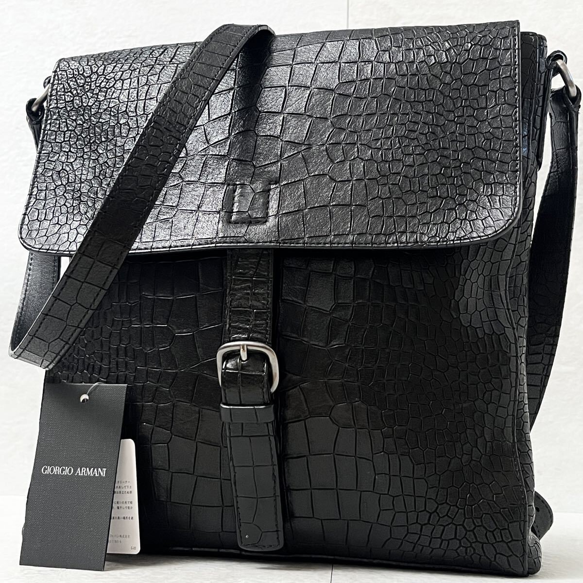 20万/美品 ●GIORGIO ARMANI【圧巻のクロコ調】ジョルジオアルマーニ メンズ ショルダーバッグ ●革タグ レザー 本革 斜め掛け ブラック拍卖