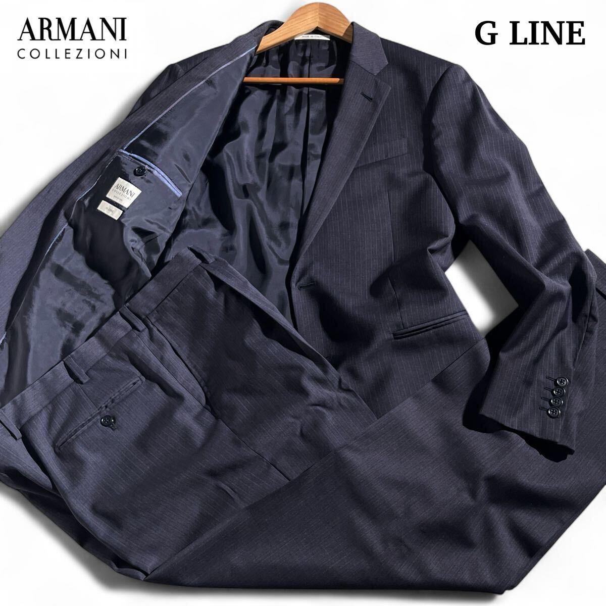 極美品/XL ●ARMANI COLLEZIONI アルマーニコレツィオーニ〈最高峰G LINE〉 ●洗練された一着 ビジネス セットアップスーツ ネイビー 50拍卖