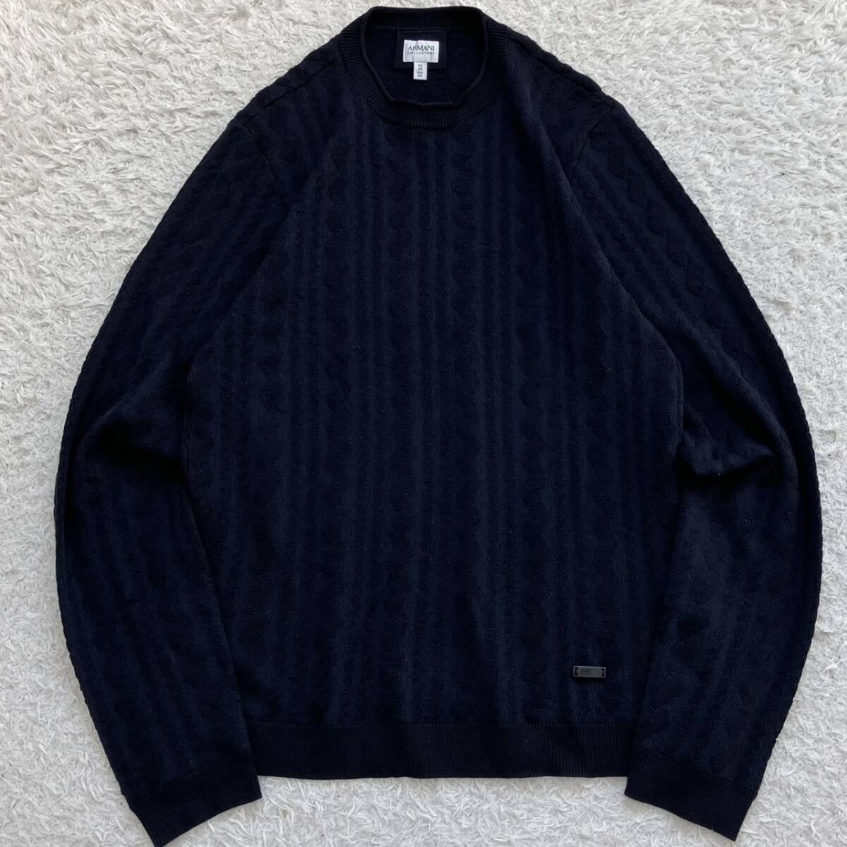 超希少185(2XL)!美品!アルマーニコレッツィオーニ ARMANI COLLEZIONI ニット セーター 長袖 3D 凹凸 プレート メンズ ビジネス ネイビー 紺拍卖
