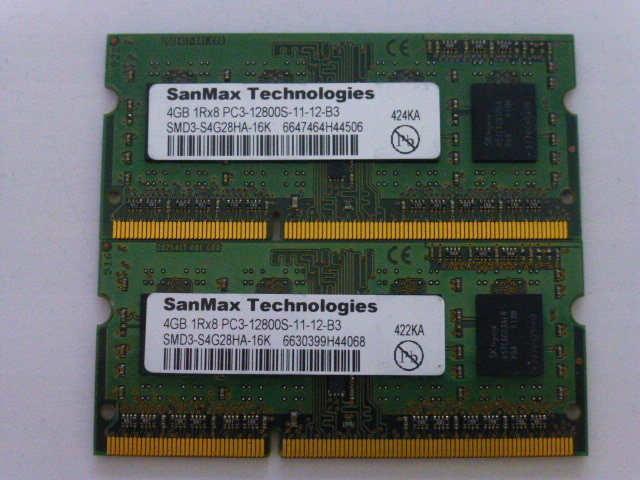 ノートパソコン用メモリ 両面チップ SanMax SK hynixチップ 1.5V DDR3-1600 PC3-12800S 4GBx2枚 合計8GB 起動確認済です拍卖