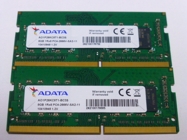 メモリ ノートパソコン用 ADATA Samsungチップ 1.20V DDR4-2666 PC4-21300 8GBx2枚 合計16GB 起動確認済みです②拍卖