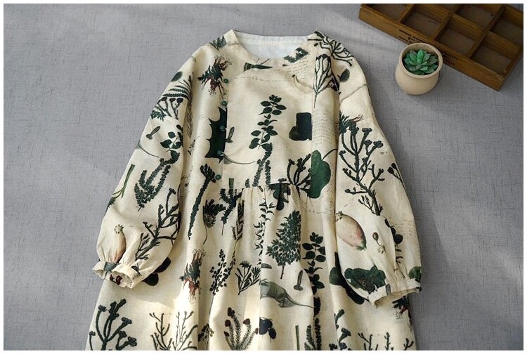 綿麻素材植物プリントポケット付きゆったり着られる大人可愛い七分袖ワンピース♪拍卖