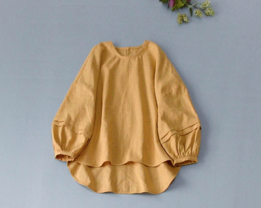 リネン100%タック付きバルーン袖ゆったり着られる大人可愛いトップス♪拍卖