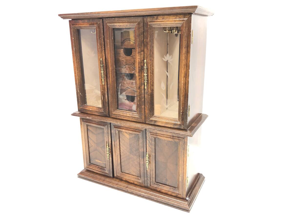 アンティーク レトロ ジュエリーボックス ジュエリーケース 宝石箱 ミラー付 木製×フラワーエッチングガラス 横幅35㎝ 奥行15㎝ 高さ46㎝拍卖