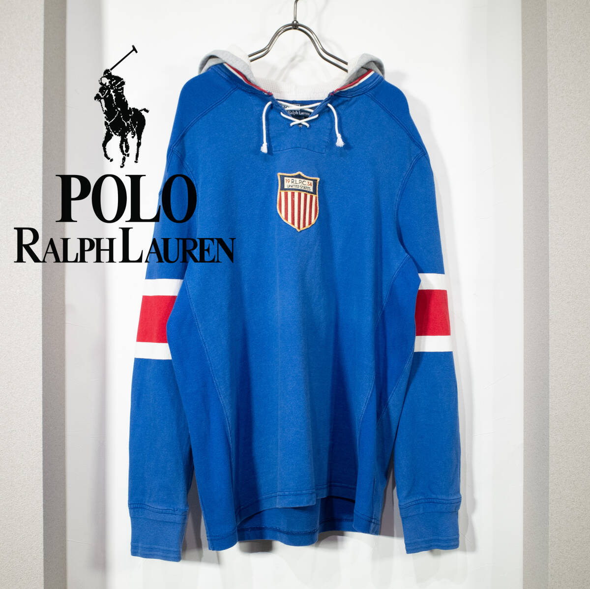 LL / Polo by Ralph Lauren ラルフローレン R.L.P.C. 15 フェルトワッペン ホッケーシャツ スウェット パーカー ブルー×レッド 古着拍卖