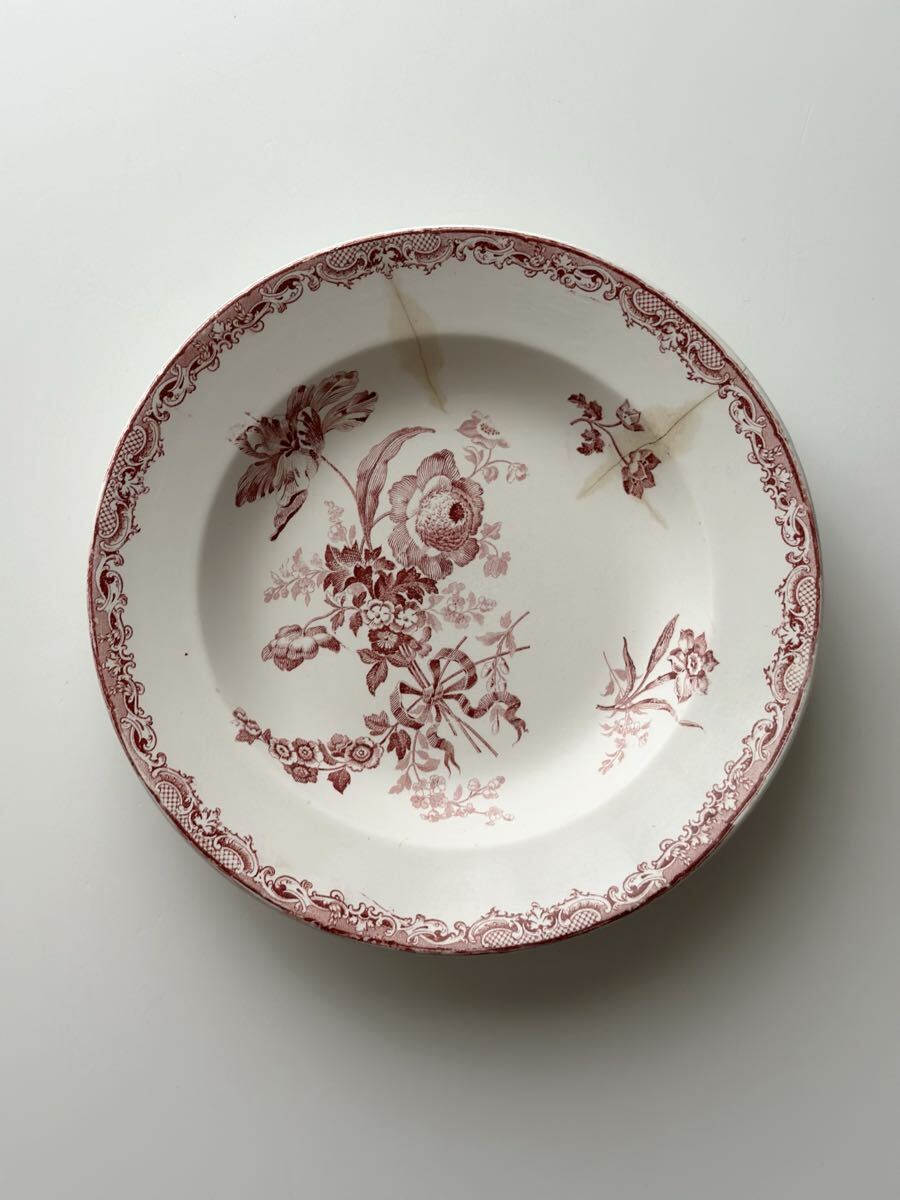 フランス アンティーク 皿 Sarreguemines サルグミンヌ / “FONTANGES” 野ばらが美しい深皿プレート ブロカント 蚤の市 b拍卖