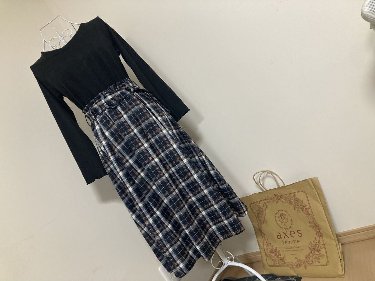 アクシーズファムポエティック☆ベルト付きバックレースアップ飾りワイドリブトップスxチェックドッキングワンピース☆used 拍卖