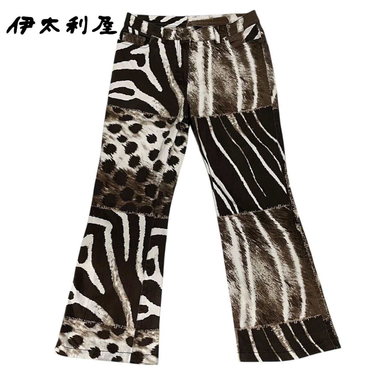伊太利屋 /イタリヤ レディース ストレッチ フレア デニムパンツ アニマル柄 ストーン入り 11サイズ 日本製 O-2651拍卖