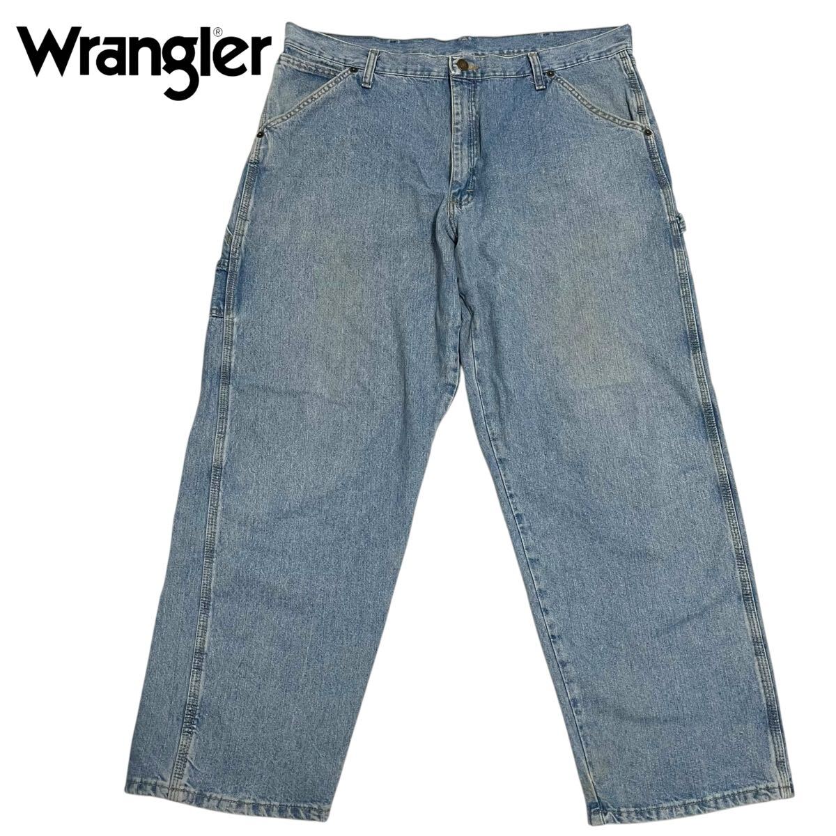 【メキシコ製】Wrangler / ラングラー ワイドテーパード デニム ワークパンツ ペインターパンツ ライトブルー 大きいW38(100cm) O-2656拍卖