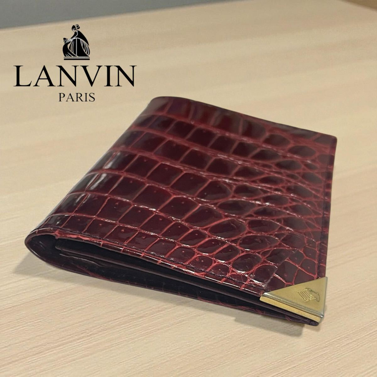 LANVIN PARIS /ランバン クロコ革 二つ折り名刺入れ カードケース バーガンディ 4ポケット拍卖