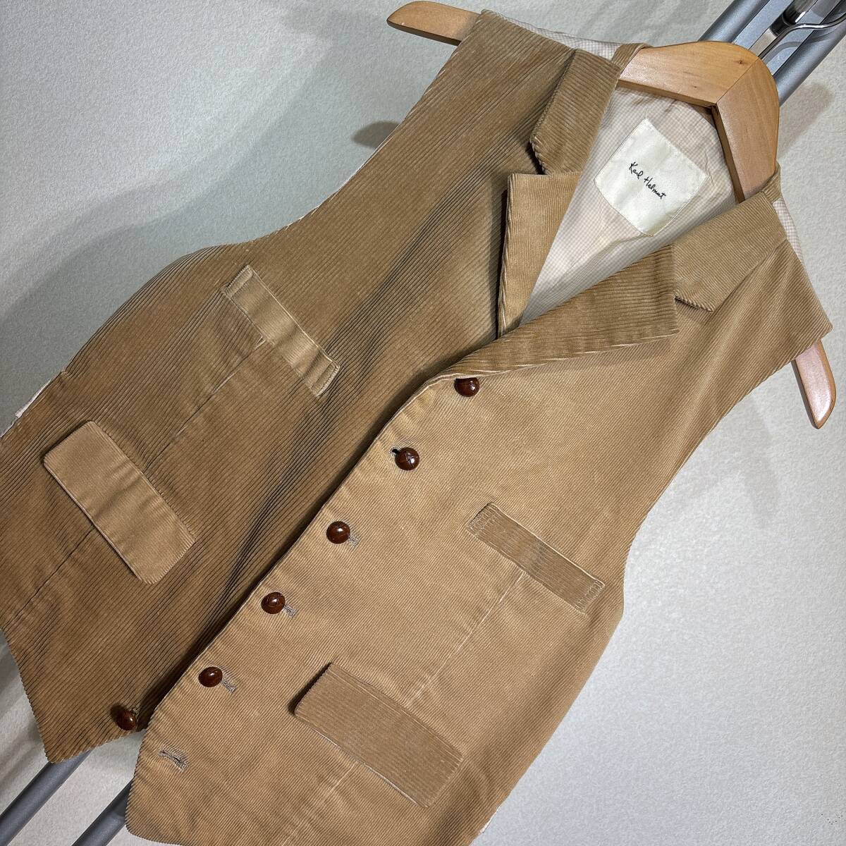 X676■カールヘルム★ベージュ/細&中うねコーデュロイ★ベスト■L拍卖