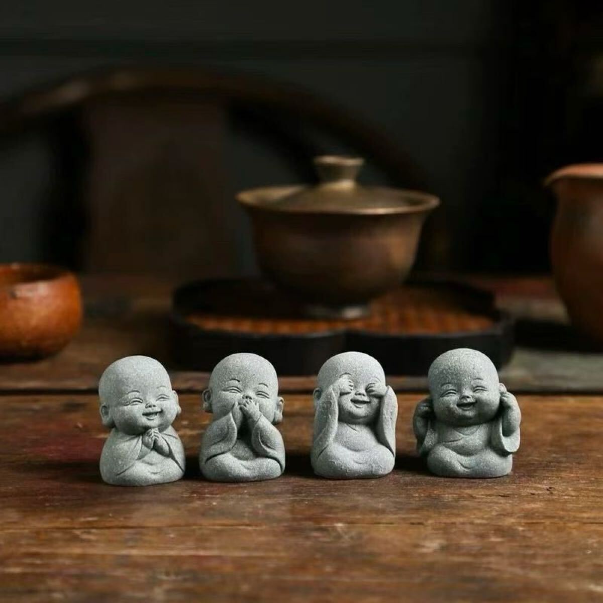 送料無料 可愛い笑顔 【不聞不問 小僧 4体セット】 小さな仏像 お守り 石像 彫刻 文人 茶室 茶道 置物 インテリア 癒し拍卖