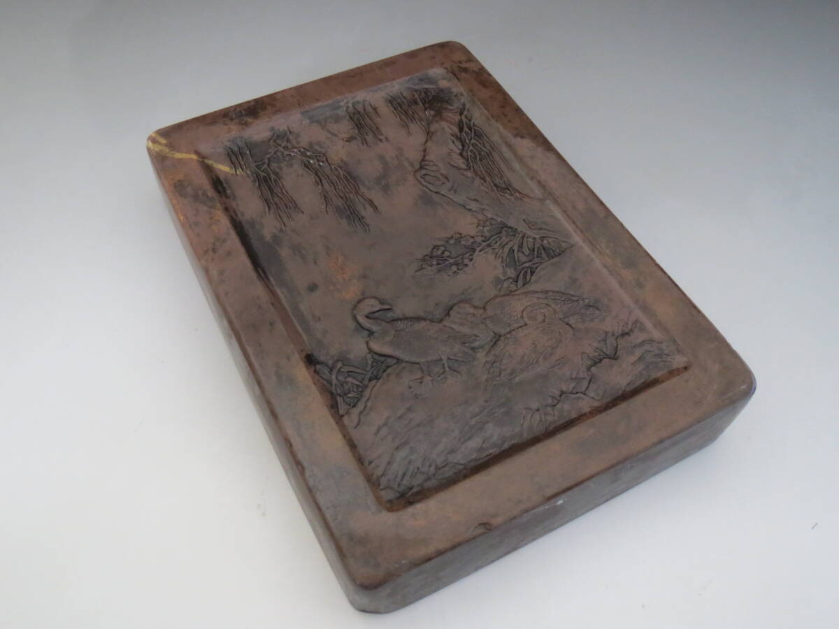 初だし★古硯 澄泥硯? 野鳥細密彫刻 金線 唐木蓋★検)硯・端渓・端渓硯・老坑・中国美術・中国古玩・唐物・書道具・文房具・文房四宝拍卖