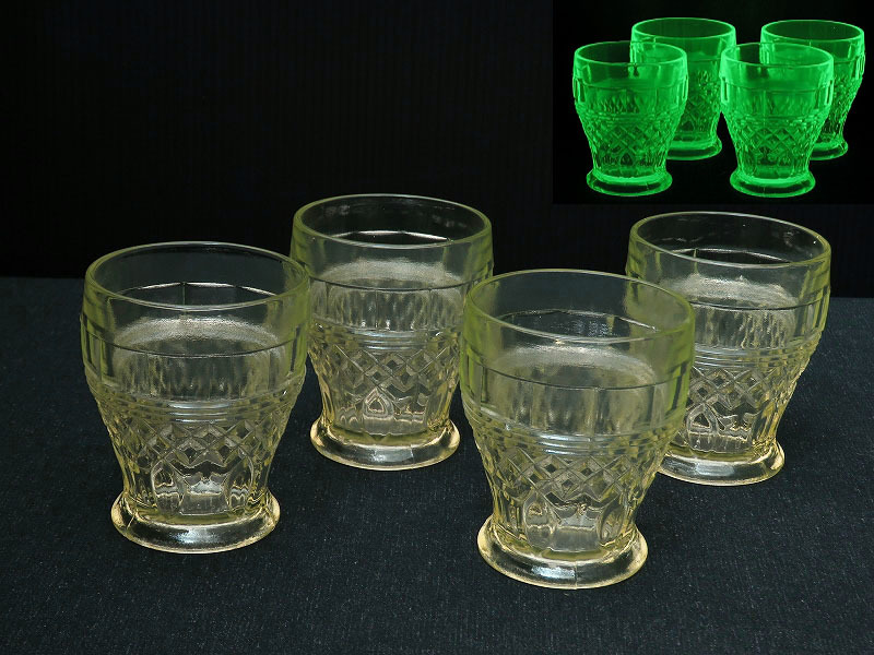 ウランガラスのグラス4個セット/ヴァセリンガラス/コップ/タンブラーグラス/ダイヤモンドカット/オブジェ/インテリア雑貨/AL-0604拍卖
