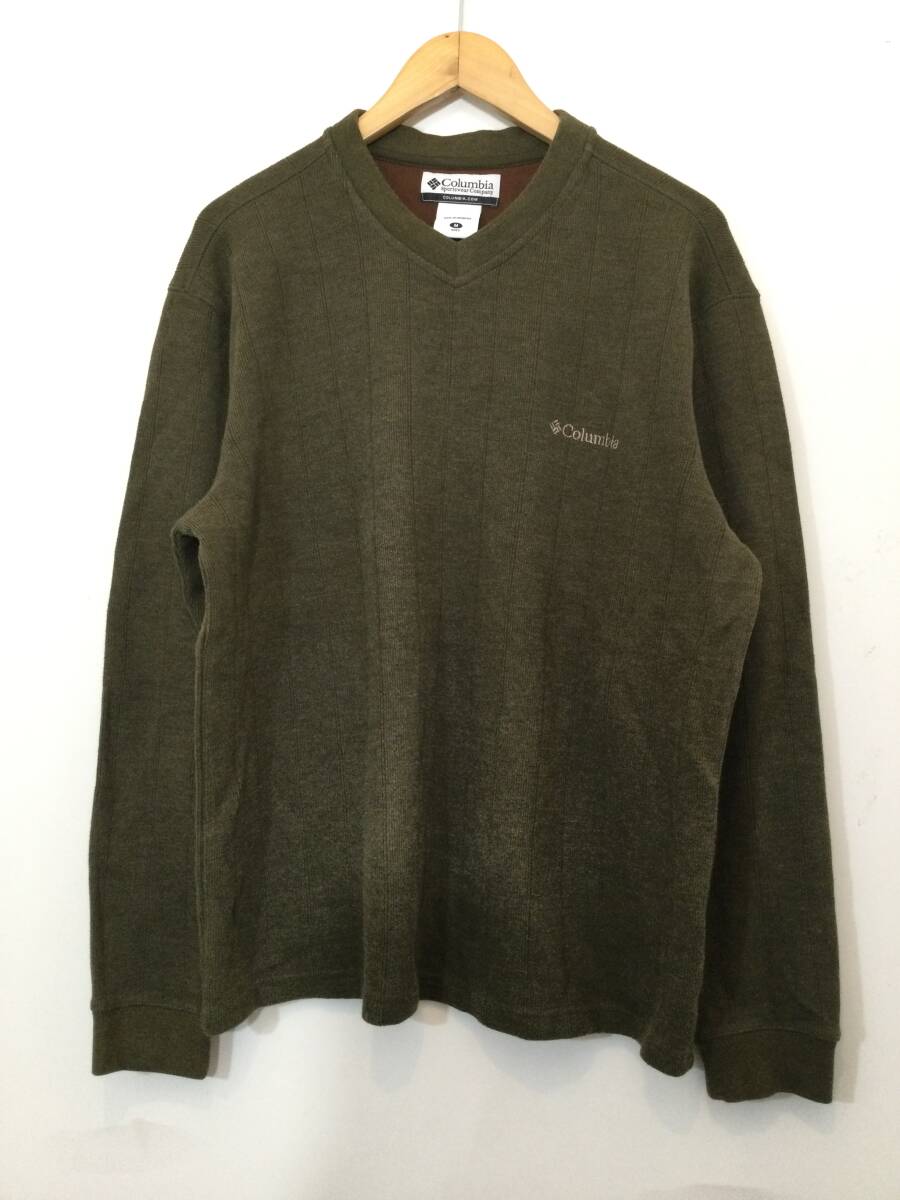 COLUMBIA コロンビア 厚手コットン ニットカットソー 長袖Tシャツ メンズM カーキ系 良品綺麗 拍卖