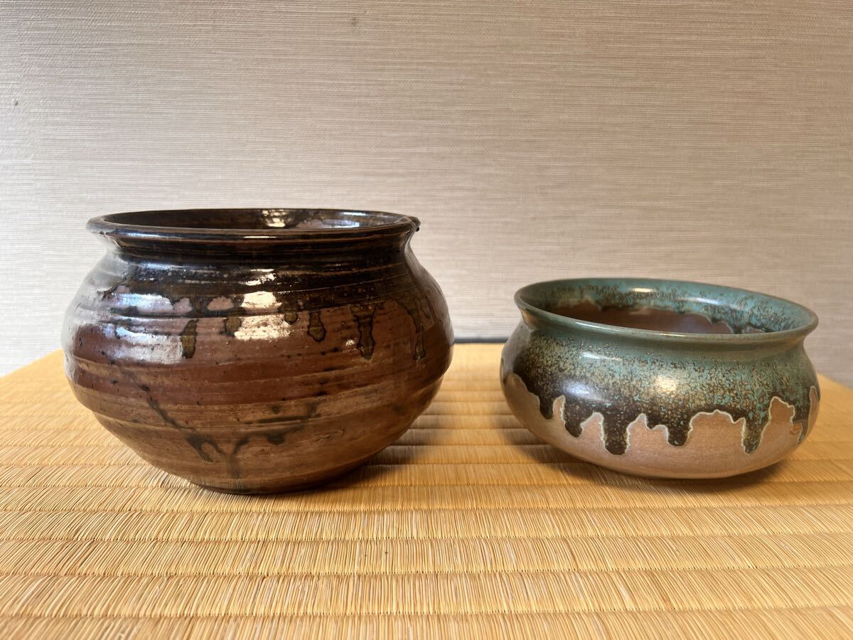 【 茶道具 建水二点】瀬戸焼 京焼 建水二点 沓形飴釉薬 高さ10cm 緑飴釉薬 高さ8cm 建水 花器 火入 茶道具 煎茶道具拍卖
