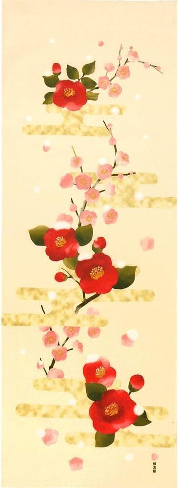 濱文様 絵手ぬぐい 梅椿にぼたん雪 ツバキ お正月 冬 縁起 手拭い メール便対応拍卖