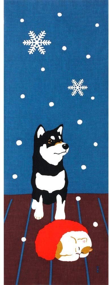 濱文様 絵手ぬぐい 黒柴くんと雪 冬 手拭い てぬぐい お正月 縁起 おしゃれ クリックポスト対応拍卖