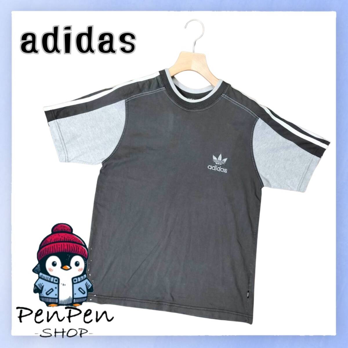 adidas アディダス オリジナルス 半袖 Tシャツ トレフォイル ロゴ 切替デザイン ブラウン ライトグレー 綿100% Sサイズ メンズ スポーツ拍卖