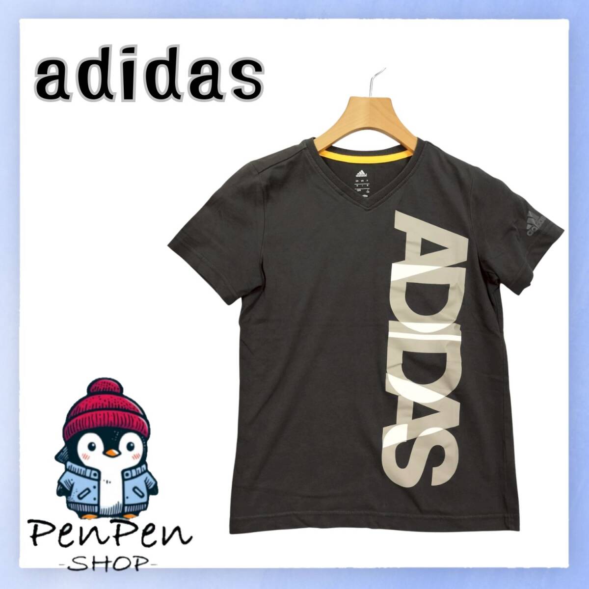 adidas アディダス キッズ Vネック Tシャツ 半袖 大きめロゴ プリント ブラック Climalite 吸汗速乾 綿混 J150サイズ スポーツ カジュアル拍卖