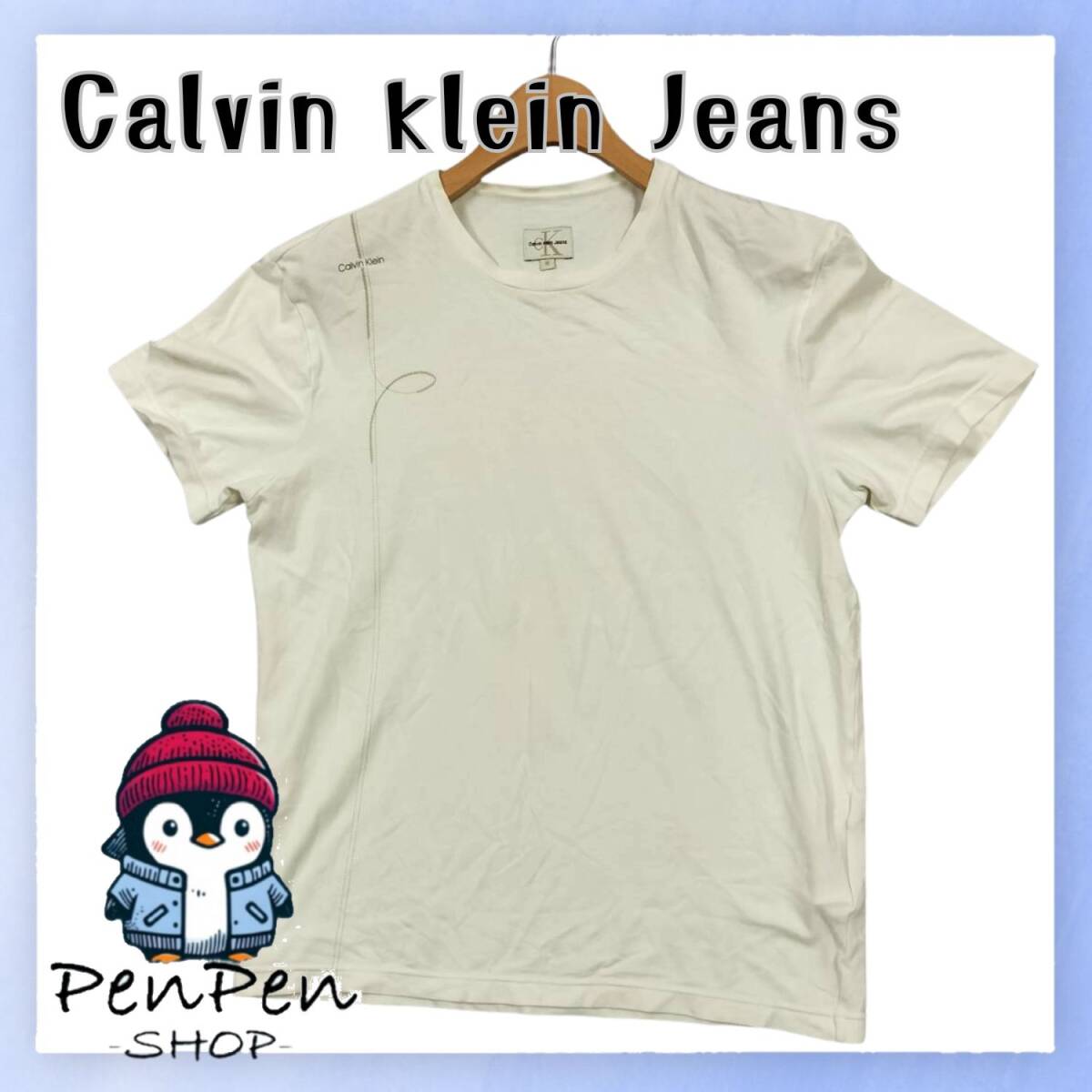 Calvin Klein Jeans カルバンクラインジーンズ メンズ Tシャツ オフホワイト 綿混 ロゴ入り 半袖 シンプル Mサイズ 上品 カジュアル拍卖