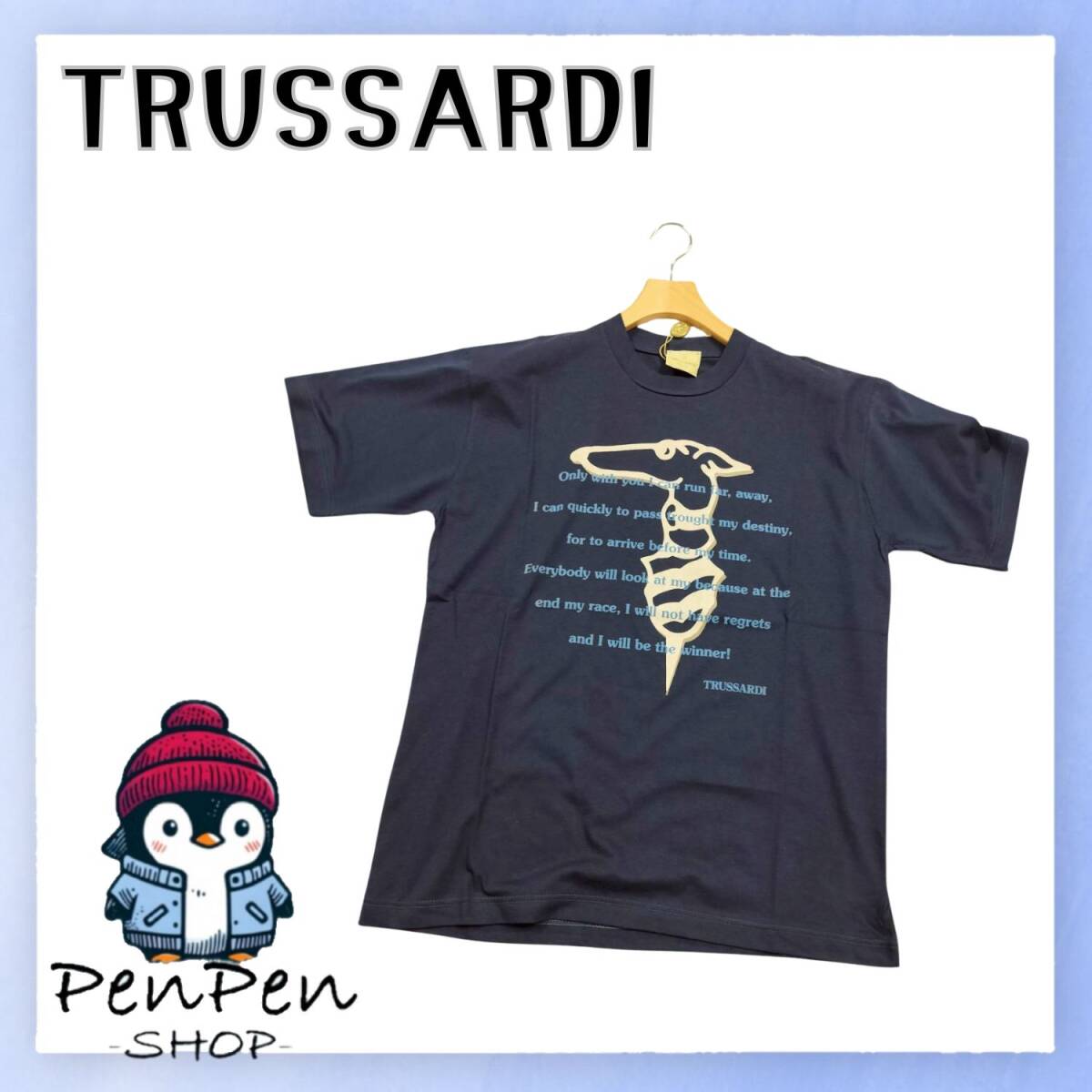 タグ付未使用 TRUSSARDI トラサルディ メンズ Tシャツ コットン100% イタリア製 ロゴプリント ネイビー Mサイズ 上質カジュアル ロゴT拍卖