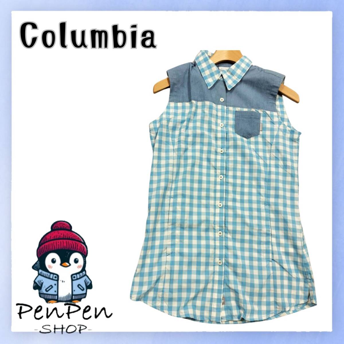 タグ付未使用 Columbia コロンビア レディース ノースリーブ チェック シャツ ブラウス 涼感 ナイロン100% ブルー Mサイズ 速乾 チェック柄拍卖