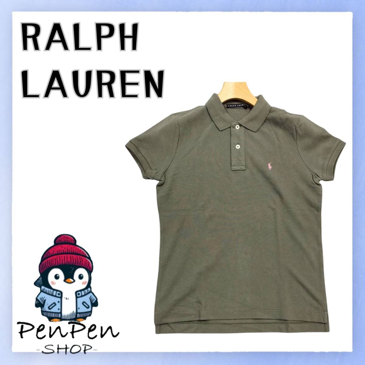 RALPH LAUREN ラルフローレン レディース ポロシャツ コットン100% 半袖 カーキ ピンクロゴ Mサイズ 上質コットン クラシックフィット 定番拍卖