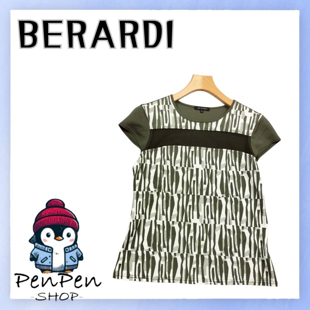日本製 BERARDI ベラルディ レディース カットソー 半袖 総柄 切替デザイン カーキ 綿 ポリエステル サイズ4 Sサイズ 上品 幾何学柄拍卖