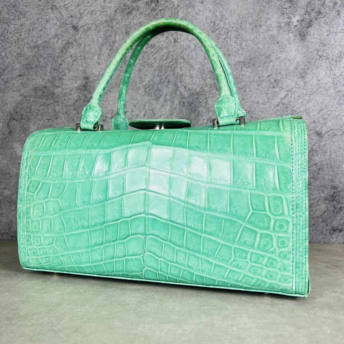 クロコダイル ハンドバッグ グリーン センター取り ワニ革 リアルクロコ バニティバッグ JA70拍卖
