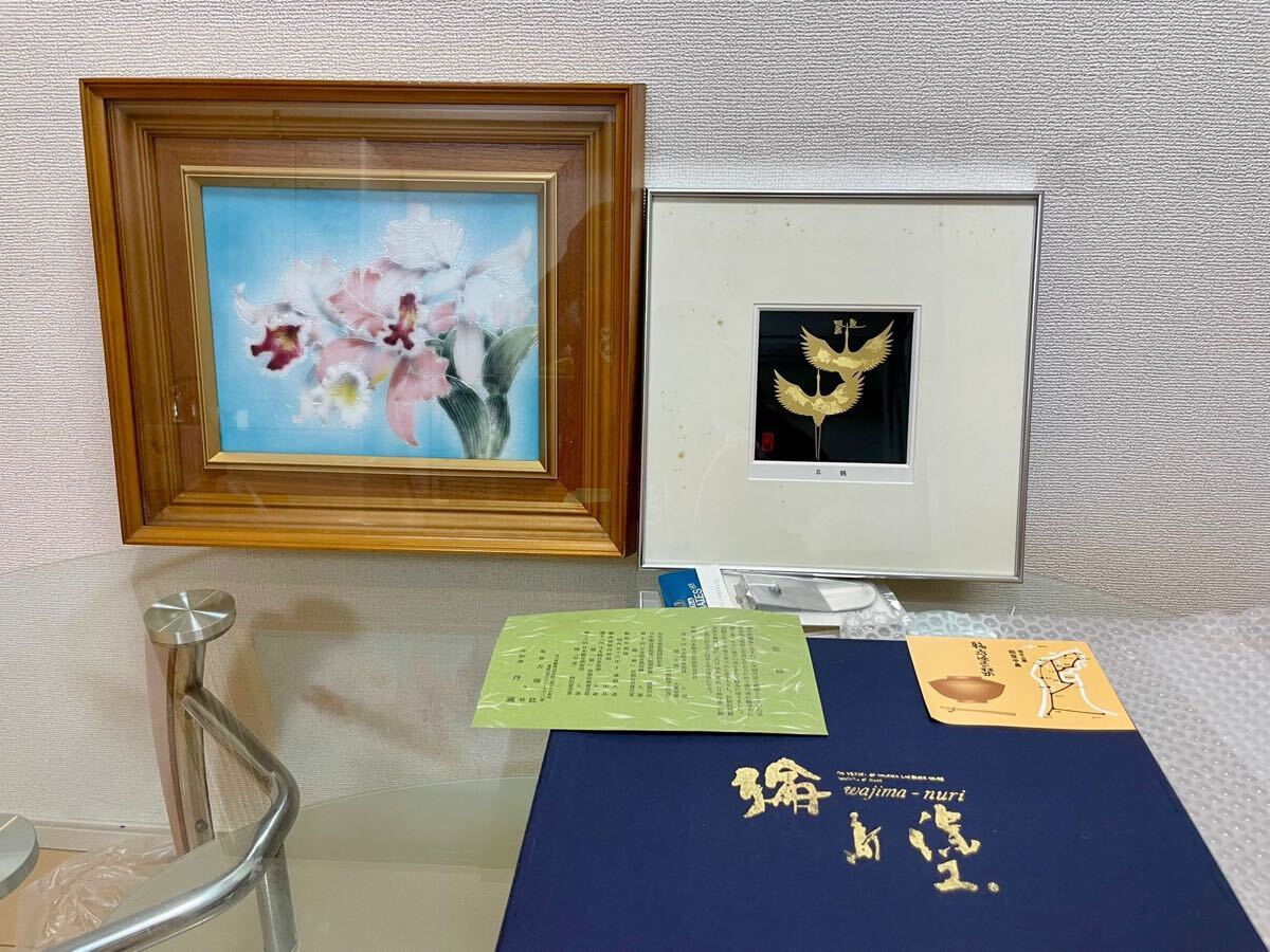 【美品】輪島塗パネル&絵画セット(蘭の花・金鶴)記念品・限定品拍卖