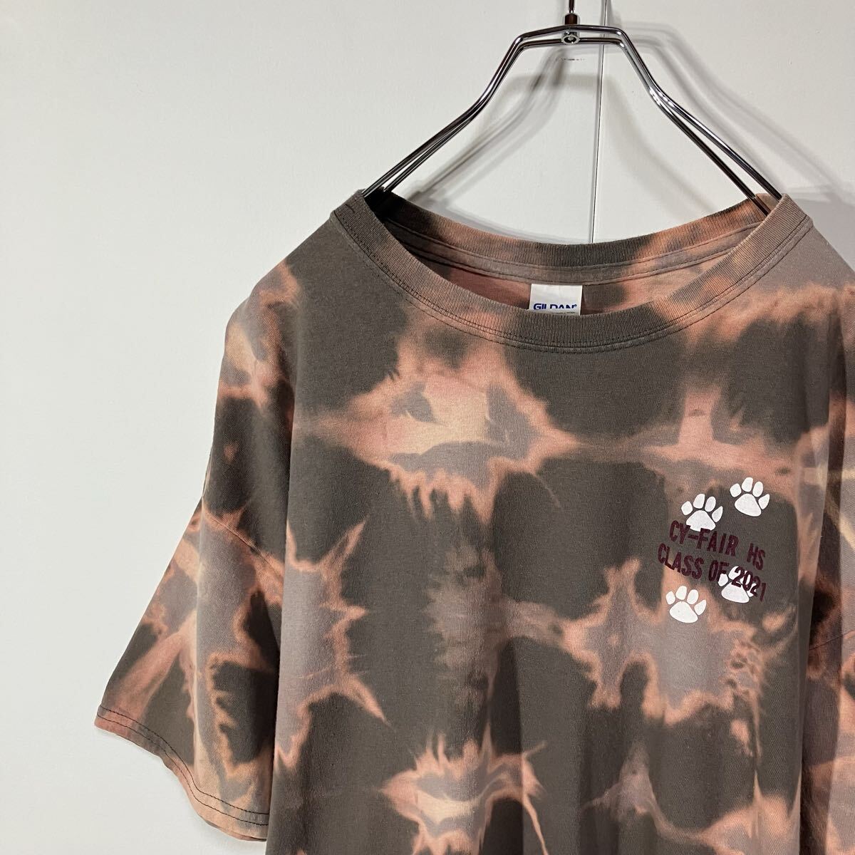 古着 アート 表面 プリント クルーネック 半袖 Tシャツ 大きいサイズ 一点物 チャコールグレー グレー ピンク XL拍卖